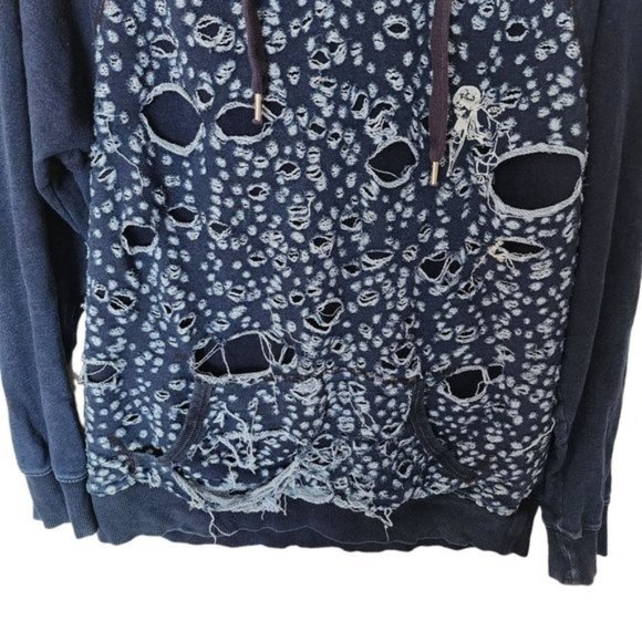 PRPS Goods Indigo Blue Distressed Hooded Sweatshirt 2XL Kangaroo Pocket Slim aci - Picture 6 of 16
